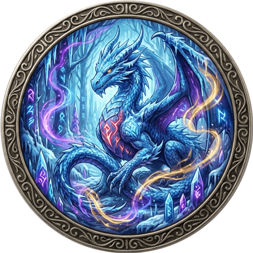 A Blue Dragon, forest background, Poison swamp Dragon. Red marking on chest. Yellow eyes
